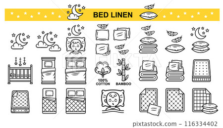 Bed linen, bedding sheet textile, blanket duvet and feather pillow, bedroom furniture line icon set. Double or single bedclothes, baby cradle for sleep. Mattress cover. Cotton, bamboo fabric. Vector 116334402
