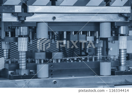The metalworking process by progressive die in the light blue scene. 116334414