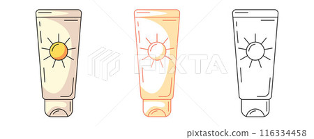 Sunscreen in a tube, colorful and line icon set. Summer, sun safety, skin care concept. Vector outline icon, monochrome and color illustration. For sticker, coloring book, logo, label 116334458