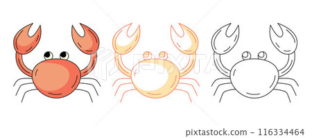 Cute crab, colorful and line icons set. Summer beach, underwater, marine concept, vector outline icon, monochrome and color illustration. Summertime. For sticker, coloring book, logo, label 116334464