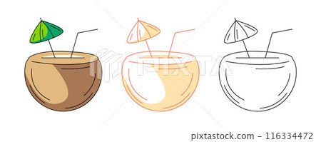 Coconut cocktail with straw and umbrella, colorful and line icons set. Summer, vector outline icon, monochrome and color illustration. Tropical, exotic drink, summertime. For sticker, coloring book 116334472