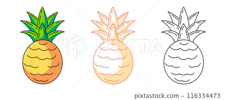 Pineapple, colorful and line icons set. Summer food, vector outline icon, monochrome and color illustration. Ripe tropical and exotic fruit, summertime. For logo, sticker, coloring book, label 116334473