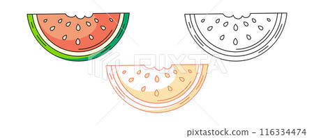 Piece of watermelon, colorful and line icons set. Summer food, vector outline icon, monochrome and color illustration. Ripe berry and fruit, summertime. For logo, sticker, coloring book, label 116334474