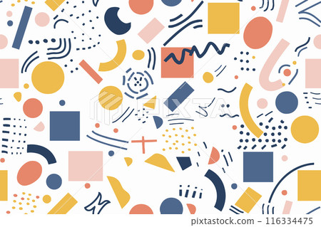 Pastel kids Memphis geometric textile design seamless pattern. Retro 1970s Style. Circles simple dots yellow color fashion print vector illustration 116334475