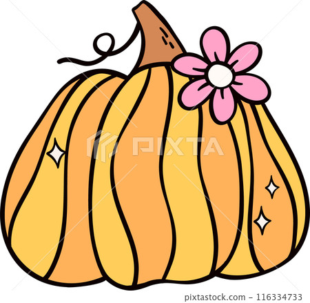 Groovy retro autumn pumpkin hippie cartoon doodle playful and vibrant fall season illustration. 116334733