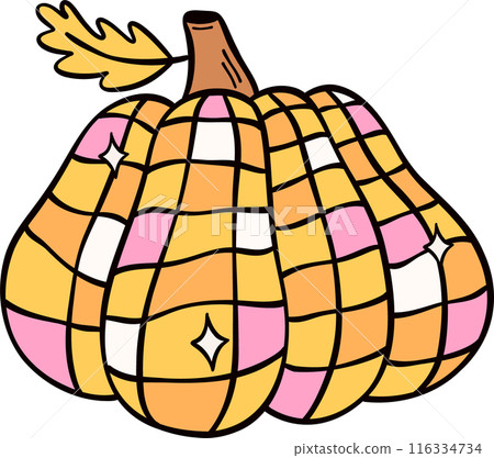 Groovy retro autumn pumpkin hippie cartoon doodle playful and vibrant fall season illustration. Groovy retro autumn pumpkin hippie cartoon doodle playful and vibrant fall season illustration. 116334734