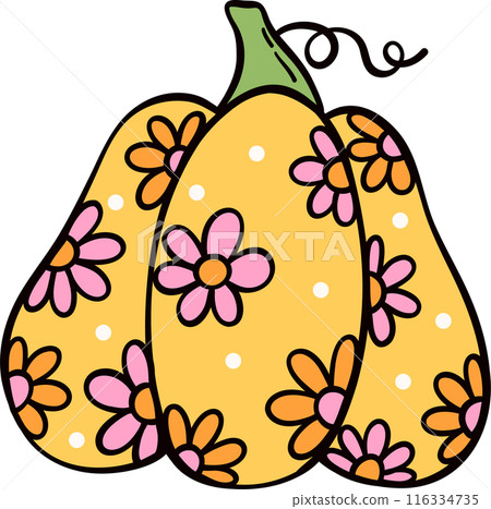 Groovy retro autumn pumpkin hippie cartoon doodle playful and vibrant fall season illustration. Groovy retro autumn pumpkin hippie cartoon doodle playful and vibrant fall season illustration. 116334735