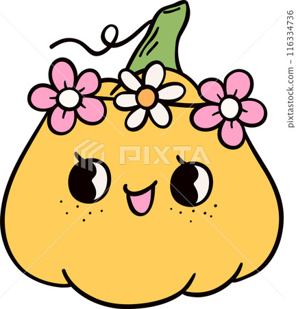 Groovy retro autumn pumpkin hippie cartoon doodle playful and vibrant fall season illustration. Groovy retro autumn pumpkin hippie cartoon doodle playful and vibrant fall season illustration. 116334736