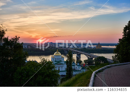 Evening view of Annunciation Monastery, Kanavinsky Bridge and Alexander Nevsky Cathedrall, Nizhny Novgorod, Russia Evening view of Annunciation Monastery, Kanavinsky Bridge and Alexander Nevsky Cathedrall, Nizhny Novgorod, Russia 116334835