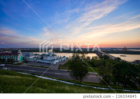 Evening view of Annunciation Monastery, Kanavinsky Bridge and Alexander Nevsky Cathedrall, Nizhny Novgorod, Russia 116334845