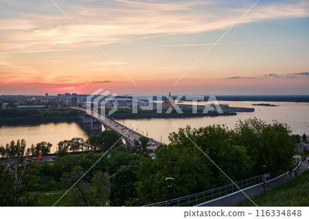 Evening view of Kanavinsky Bridge and Alexander Nevsky Cathedrall, Nizhny Novgorod, Russia Evening view of Kanavinsky Bridge and Alexander Nevsky Cathedrall, Nizhny Novgorod, Russia 116334848