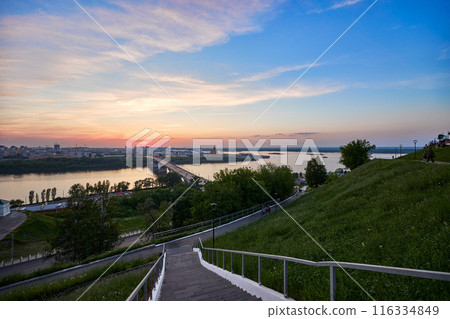 Evening view of Kanavinsky Bridge and Alexander Nevsky Cathedrall, Nizhny Novgorod, Russia Evening view of Kanavinsky Bridge and Alexander Nevsky Cathedrall, Nizhny Novgorod, Russia 116334849