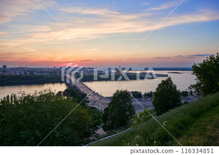 Evening view of Kanavinsky Bridge and Alexander Nevsky Cathedrall, Nizhny Novgorod, Russia 116334851