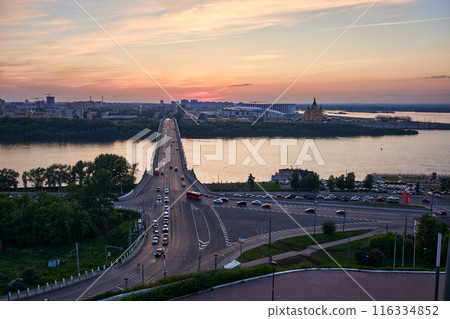Evening view of Kanavinsky Bridge and Alexander Nevsky Cathedrall, Nizhny Novgorod, Russia Evening view of Kanavinsky Bridge and Alexander Nevsky Cathedrall, Nizhny Novgorod, Russia 116334852