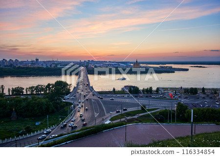 Evening view of Kanavinsky Bridge and Alexander Nevsky Cathedrall, Nizhny Novgorod, Russia Evening view of Kanavinsky Bridge and Alexander Nevsky Cathedrall, Nizhny Novgorod, Russia 116334854