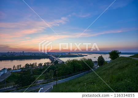 Evening view of Kanavinsky Bridge and Alexander Nevsky Cathedrall, Nizhny Novgorod, Russia Evening view of Kanavinsky Bridge and Alexander Nevsky Cathedrall, Nizhny Novgorod, Russia 116334855
