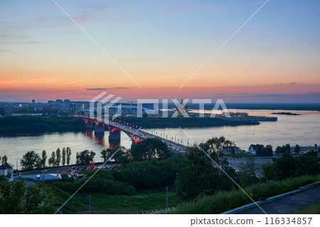 Evening view of Kanavinsky Bridge and Alexander Nevsky Cathedrall, Nizhny Novgorod, Russia Evening view of Kanavinsky Bridge and Alexander Nevsky Cathedrall, Nizhny Novgorod, Russia 116334857