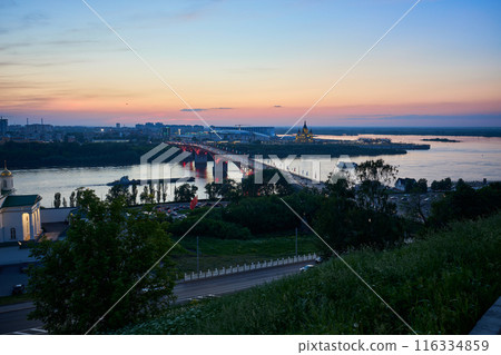Evening view of Kanavinsky Bridge and Alexander Nevsky Cathedrall, Nizhny Novgorod, Russia Evening view of Kanavinsky Bridge and Alexander Nevsky Cathedrall, Nizhny Novgorod, Russia 116334859