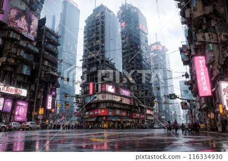 未來城市中的雨天十字路口場景，兩旁排列著各種各樣的增建物和建築物。 116334930