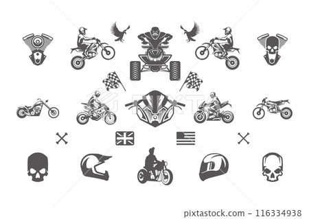 Vintage custom motorcycles silhouettes and icons isolated on white background vector illutrations set 116334938