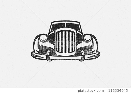 Old classic car silhouette hand drawn ink stamp vector illustration. 116334945