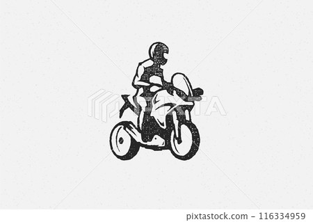Man rider on superbike motorcycle silhouette hand drawn ink stamp vector illustration. 116334959