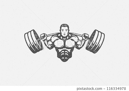 Strong bodybuilder lifting barbell silhouette hand drawn stamp vector illustration. 116334978