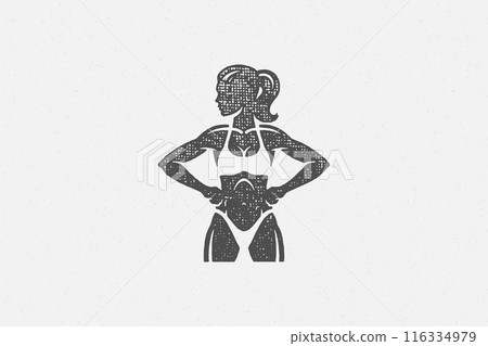 Muscular sportswoman in underwear silhouette hand drawn stamp vector illustration. 116334979