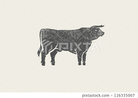 Large bull silhouette for domestic farm industry hand drawn stamp effect vector illustration. Large bull silhouette for domestic farm industry hand drawn stamp effect vector illustration. 116335007