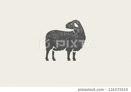 Woolly sheep silhouette for domestic farm industry hand drawn stamp effect vector illustration. 116335010