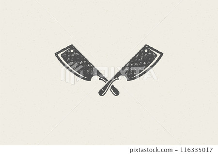 Sharp butcher knives crossed silhouette symbol for meat industry hand drawn stamp effect vector illustration. Sharp butcher knives crossed silhouette symbol for meat industry hand drawn stamp effect vector illustration. 116335017