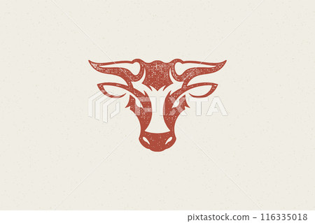 Bull head silhouette with large horns for animal husbandry industry hand drawn stamp vector illustration. 116335018