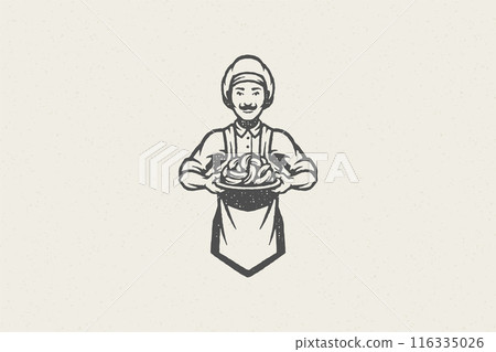 Male chef holding bunch of fresh sausages hand drawn stamp effect vector illustration. Male chef holding bunch of fresh sausages hand drawn stamp effect vector illustration. 116335026