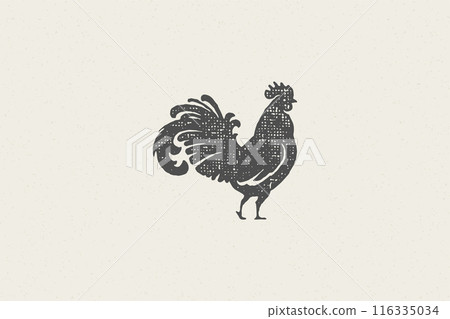 Rooster silhouette for poultry farm industry hand drawn stamp effect vector illustration. 116335034