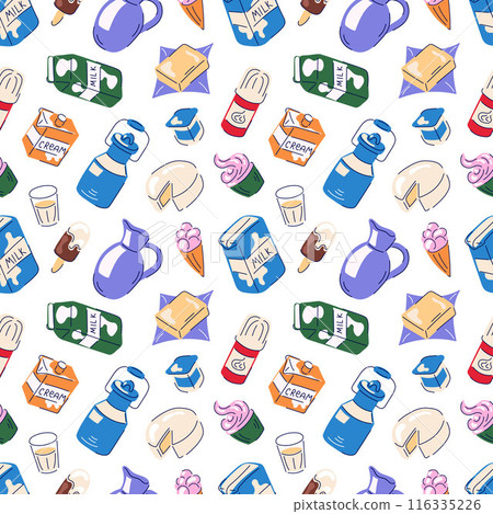 Milk dairy product flat seamless pattern. Wallpaper, package design with ice cream, cupcake, cheese, butter. Vector illustration on a white background. Milk dairy product flat seamless pattern. Wallpaper, package design with ice cream, cupcake, cheese, butter. Vector illustration on a white background. 116335226