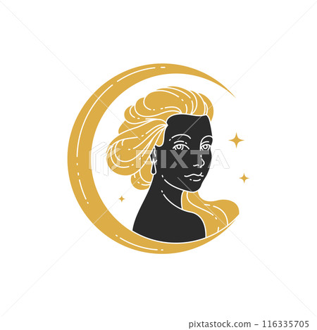 Magic elegant woman portrait with moon crescent silhouette vector illustration 116335705