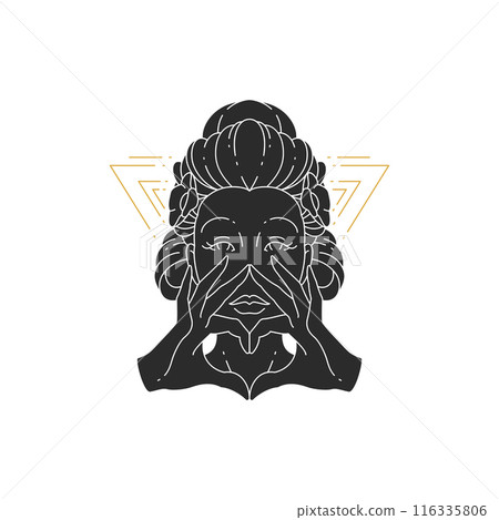 Beauty mystic female portrait with hands showing heart silhouette Beauty mystic female portrait with hands showing heart silhouette 116335806