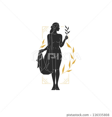 Beautiful bohemian woman goddess with branch and leaves silhouette Beautiful bohemian woman goddess with branch and leaves silhouette 116335808