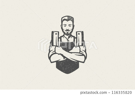 Man crossing arms with sharp knives while working in butchery hand drawn stamp effect vector illustration. 116335820