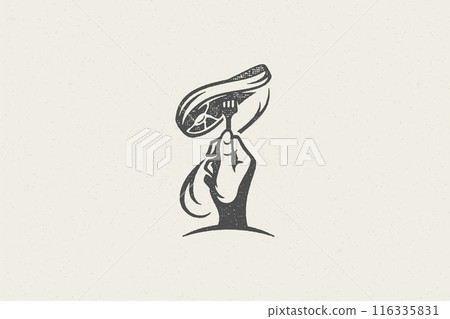 Human hand silhouette spinning meat steak on fork during dinner hand drawn stamp effect vector illustration. 116335831