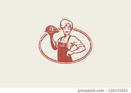 Male cook silhouette carrying plate with delicious meat hand drawn stamp effect vector illustration. 116335832