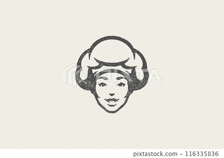 Woman head in traditional chef cap silhouette work in kitchen hand drawn stamp effect vector illustration 116335836