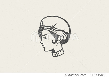 Woman head in traditional chef cap silhouette work in kitchen hand drawn stamp effect vector illustration. 116335839