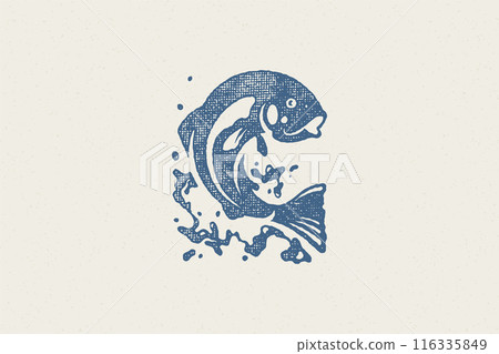 Fish jumping out from water silhouette for fishing club or seafood market hand drawn stamp effect vector illustration. 116335849