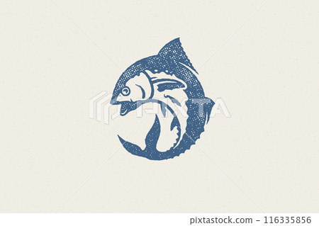 Fresh tuna fish silhouette for food market and seafood restaurant hand drawn stamp effect vector illustration. 116335856