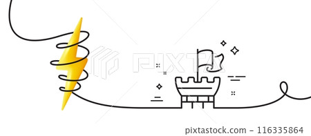 Tower line icon. Continuous one line with curl. Castle flag sign. Safe defence symbol. Shield single outline ribbon. Loop curve with energy. Vector Tower line icon. Continuous one line with curl. Castle flag sign. Safe defence symbol. Shield single outline ribbon. Loop curve with energy. Vector 116335864