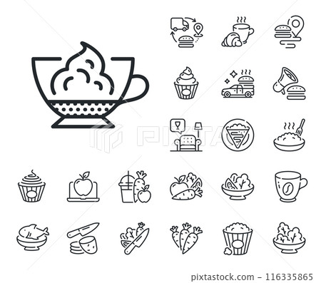 Hot coffee drink sign. Crepe, sweet popcorn and salad outline icons. Espresso with whipped cream icon. Beverage symbol. Espresso cream line sign. Pasta spaghetti, fresh juice icon. Vector 116335865