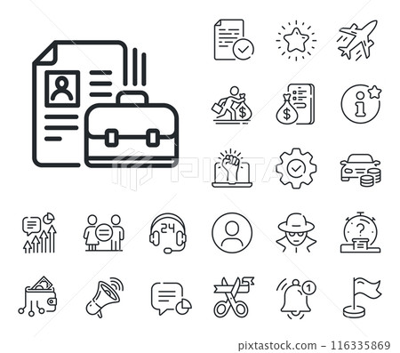 Portfolio symbol. Salaryman, gender equality and alert bell outline icons. Business case with CV line icon. Vacancy or Hiring sign. Vacancy line sign. Spy or profile placeholder icon. Vector Portfolio symbol. Salaryman, gender equality and alert bell outline icons. Business case with CV line icon. Vacancy or Hiring sign. Vacancy line sign. Spy or profile placeholder icon. Vector 116335869