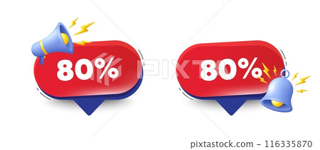 80 percent off sale tag. Speech bubbles with 3d bell, megaphone. Discount offer price sign. Special offer symbol. Discount chat speech message. Red offer talk box. Vector 116335870