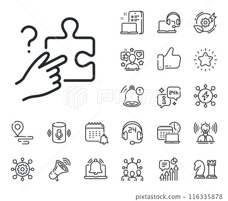 Jigsaw piece with Question sign. Place location, technology and smart speaker outline icons. Search puzzle line icon. Find solution symbol. Search puzzle line sign. Vector Jigsaw piece with Question sign. Place location, technology and smart speaker outline icons. Search puzzle line icon. Find solution symbol. Search puzzle line sign. Vector 116335878